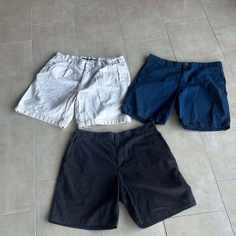 3- pair of Men's Casual Shorts - Black, White, and Blue Bundle.